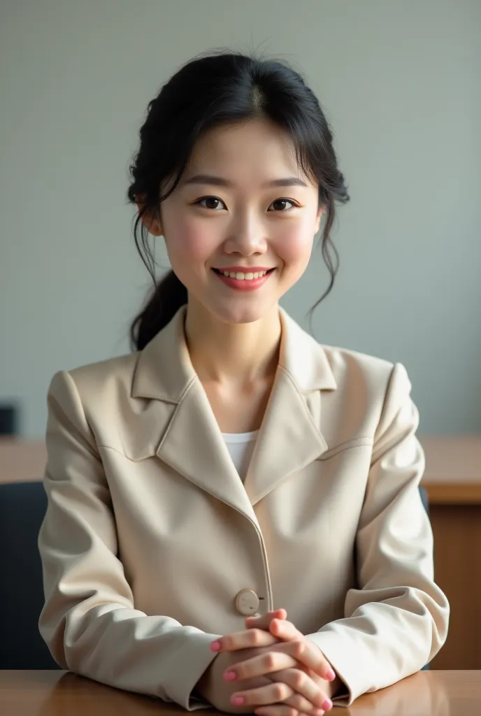 A neat and elegant female Korean teacher in her 50s is sitting on a chair and looking at me with a very hopeful expression.