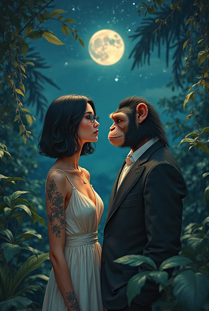 Femme de couleur de peau beige avec des cheveux mi-long noir des tatouages et des lunettes de vue avec son mari singe grand charismatique  élégant dans la jungle avec une ciel étoilé et une lune 