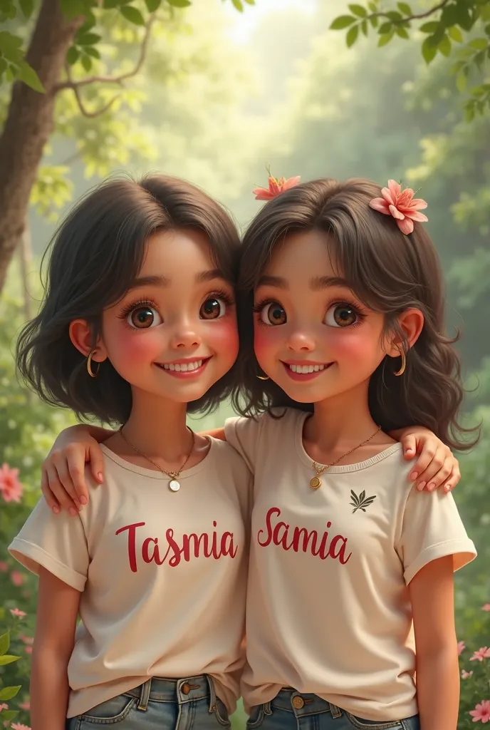 2 bestie, their name Tasmia and Samia,, they wera a shirt,in their shirt input their name, 