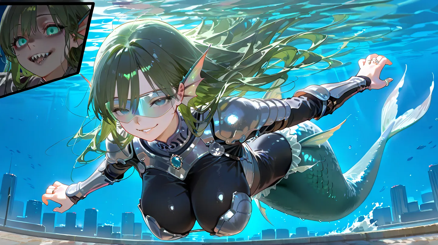 Alone, woman, Silver Ring,   very long dark green hair,  refractive eyes , long eyelashes:1.2, thin waist, curvy,  very pale , Mermaid, ear fins ,  side gills , Ominous, Horror atmosphere, Very dark, deep sea, ((Undead)), Abysmal, close-up, swimming, seduc...