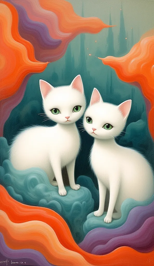 This image features a beautifully stylized digital artwork of two white cats with green eyes, nestled among vibrant, flowing abstract shapes in shades of orange, teal, and purple. The composition is both elegant and whimsical, showcasing a harmonious blend...