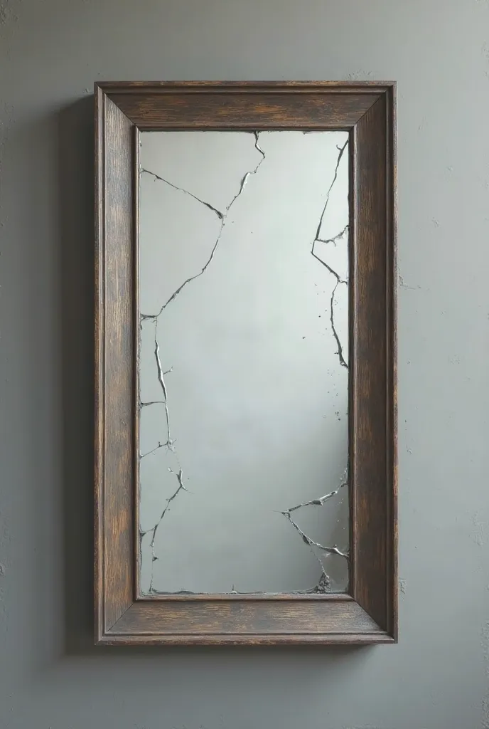 Make me an image of a broken mirror of medium rectangular size that is broken, just a line on the side and that the background is opaque gray, that looks at home and the lighting is not so good, besides, I want it to look super realistic, super but super r...