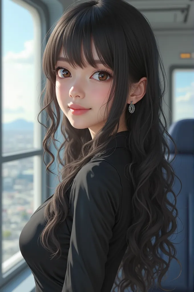 
(super realistic), (shape), (High Resolution), (8k), (very detailed), (Best shape), (Big beautiful double eyelids), (Top Quality), (very detailedな), (masterpiece), (wallpaper), (detailed face), airport、sexy black full body dress、A clear background、earring...