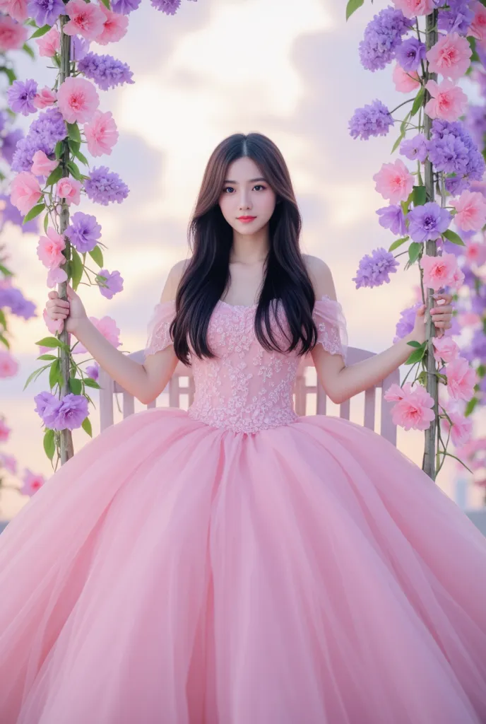 A beautiful young woman with long, straight hair to her waist, wearing a long pink wedding dress, sits on a swing adorned with soft purple and pink flowers. The background is also filled with flowers and artificial clouds, creating a soft and romantic atmo...