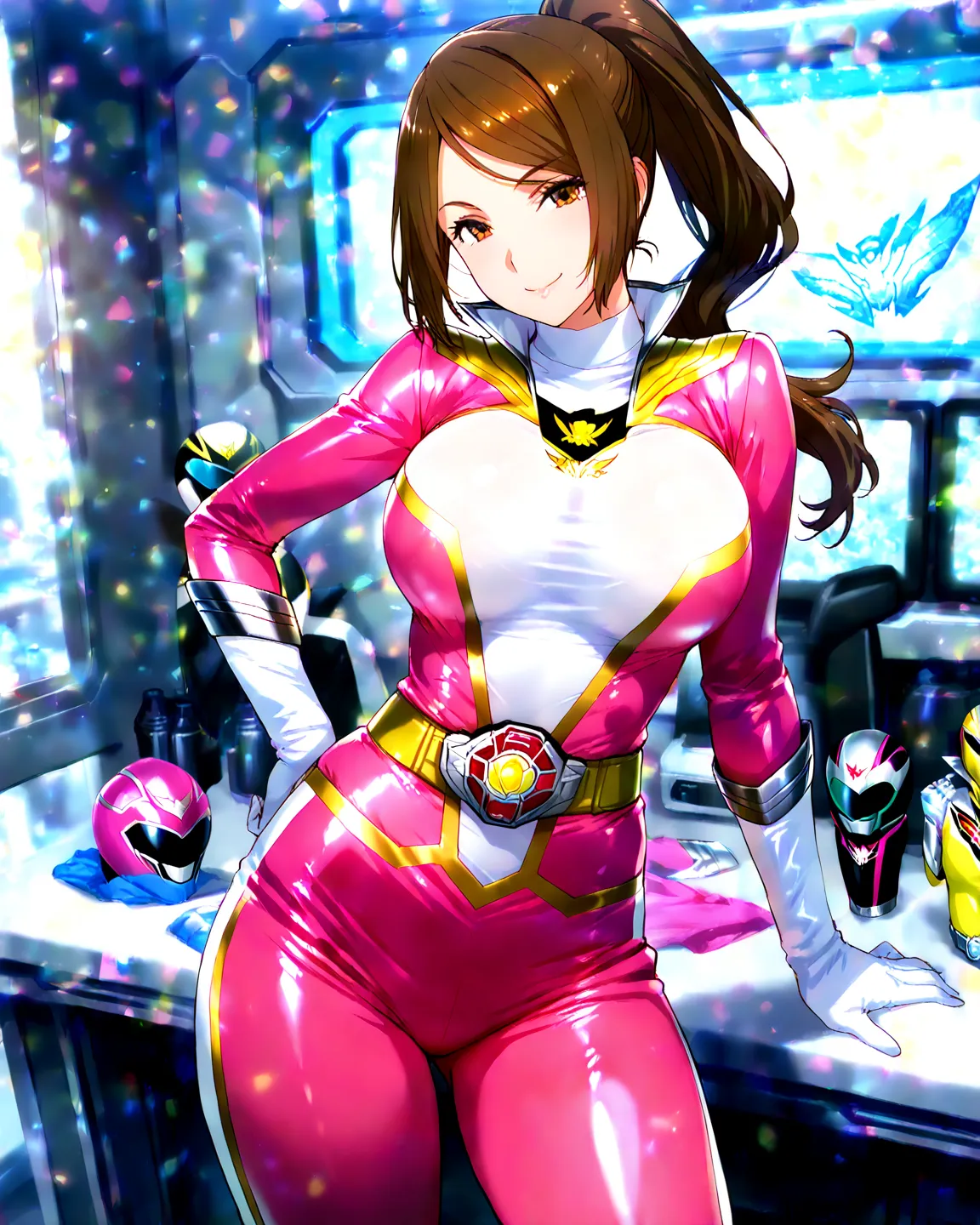 ((Top Quality)), ((masterpiece)), (details),High Resolution,anime,girls, sexy, erotic ,Smile,brown eyes,shiny pink costume, power rangers,brown hair,long ponytail,