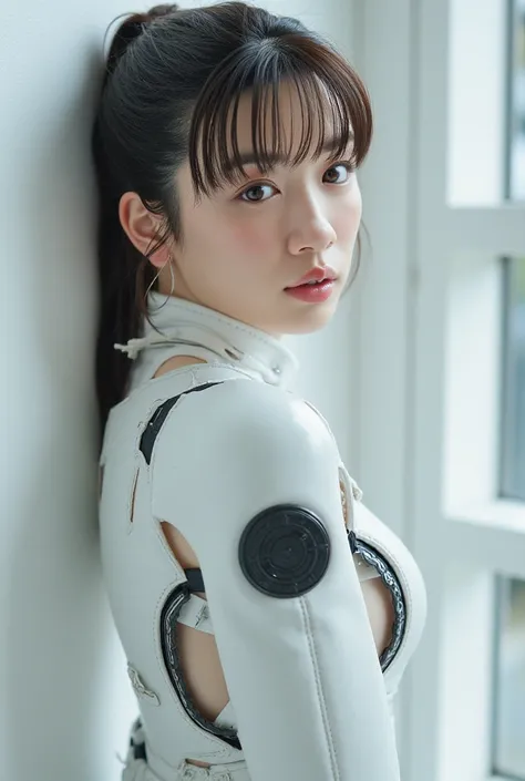 best quality, ultra detaiLed face, Realistic Textured Skin, perfect anatomy, perfect finger with white color, future, One Girl,  fits perfectly, exposed exoskeleton suit, Led, Gas mask,  Holding a Blade , mechanical, DIGITAL SCULPTURE ,  super high resolut...