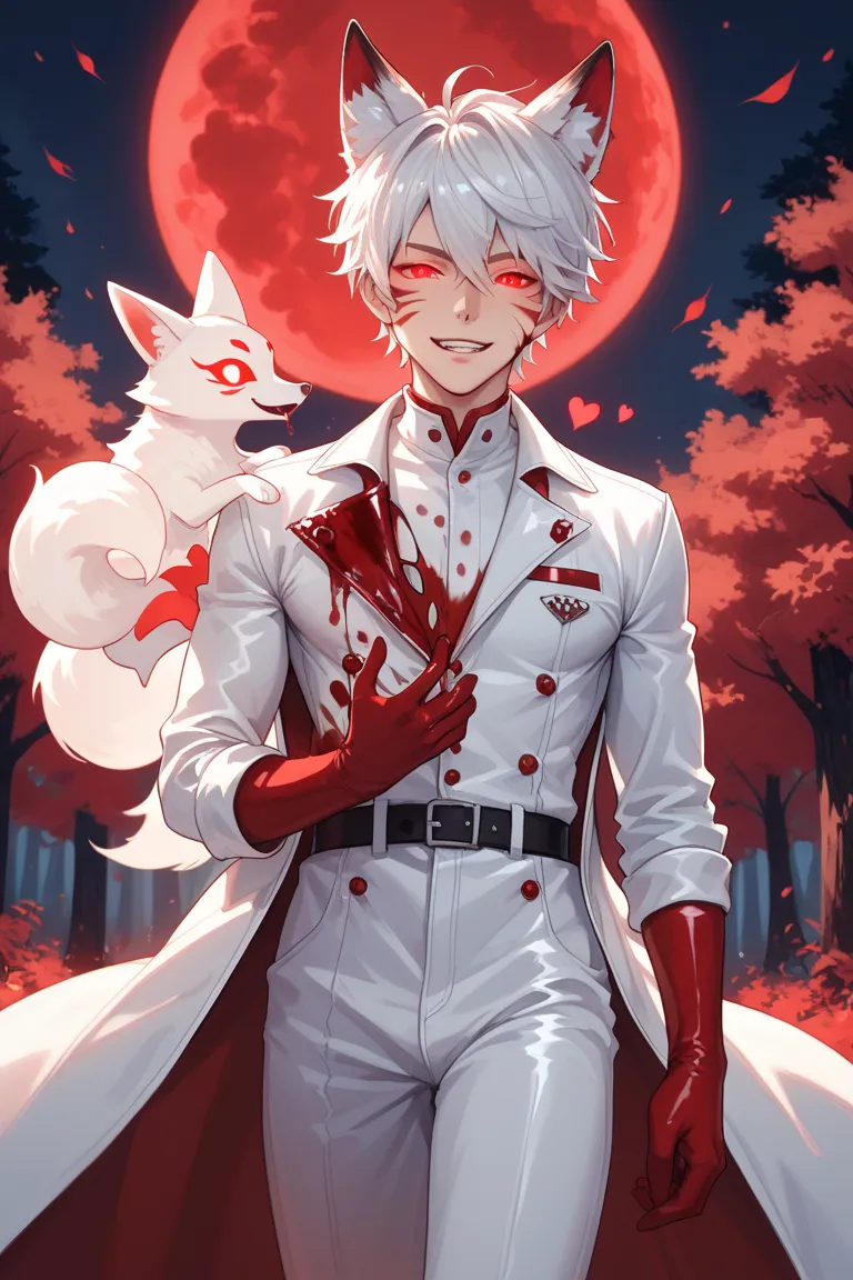 jinchuriki boy, white hair,white fox ears on top of the head,  smooth leather, Black eyes with a red iris, Glowing eyes, On his cheeks is a pattern of fox whiskers, He has magical powers, bloody smile , white jumpsuit,  latex, patterns on clothes, red moon...