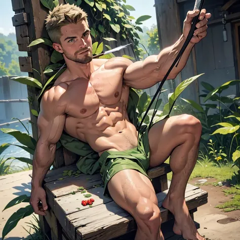 Nsfw , naked,8k, high quality , detailed face , detailed fingers ,detailed muscles,  stephen amell as green arrow , totally naked , no cloth, showing balls and a hard cock, , showing a dark blond short hair , a thick facial hair , hard nipples, ,hunk and h...