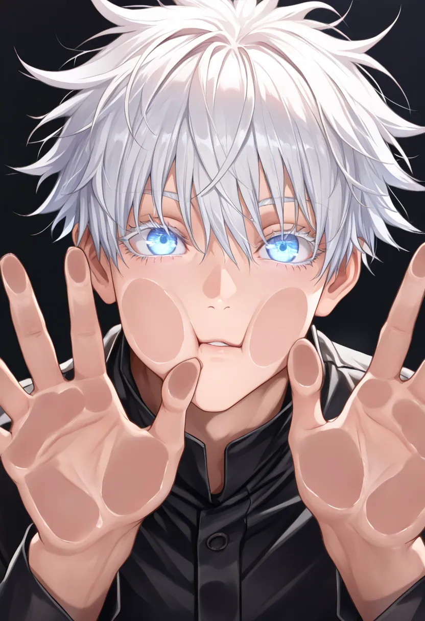 against  glass, cheek on glass, face on glass, glowing eyes, glow, (((beautiful detailed eyes))), masterpiece, dark blue theme, vibrant, adult male 30 years old, gojou satoru, solo, masculine, blue eyes, white eyelashes, white eyebrows, albino, white hair,...