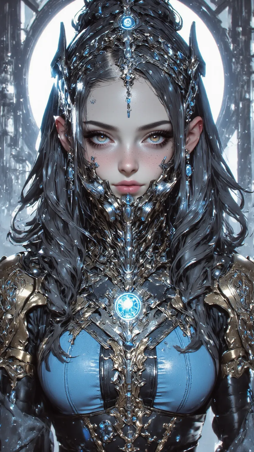 An extraordinary masterpiece，shows off an attractive light in a Saxon blue outfit，wearing a platinum jewelry set，with sparkling details。enhances her realistic and detailed facial features，Sharp pupils and a charming highlighter。