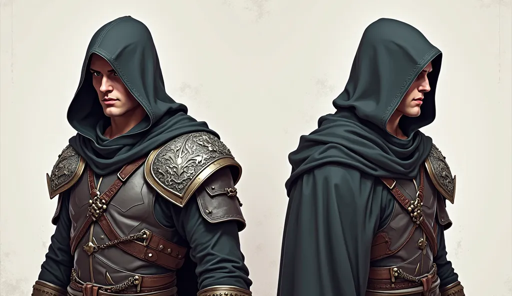 Create a stylized character sheet of a male warrior designed for a 3D game. The character should have a dark hood shadowing his face, underneath the cloak he has a light armor made of dark leather, in his left sholder he has 1 metal plate that is carved wi...