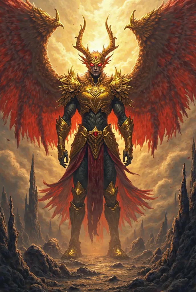 A demon with golden armor and golden wings anime