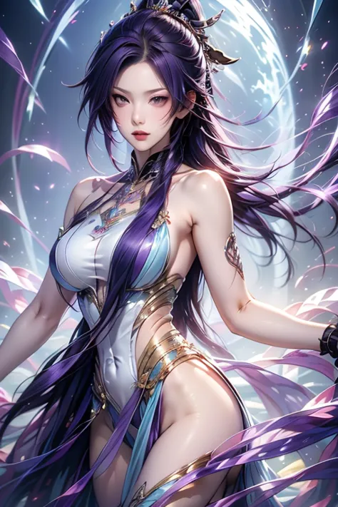 1 female, Yoruichi Shihouin, dark skin, long dark purple hair, ponytail, ((detailed eyes: 1.2)), nude, naked, fully naked, sexy, sensual, underbust, masterpiece, top quality, best quality, official art, beautiful and aesthetic: 1.2), extremely detailed, co...