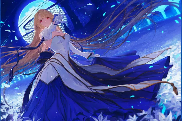 slightly off-center to the left, is depicted in a dynamic pose. She has long, flowing, blonde hair that extends throughout the image. Her eyes are red, and she has a determined expression. Her attire consists of a flowing, white bodice with intricate gold...