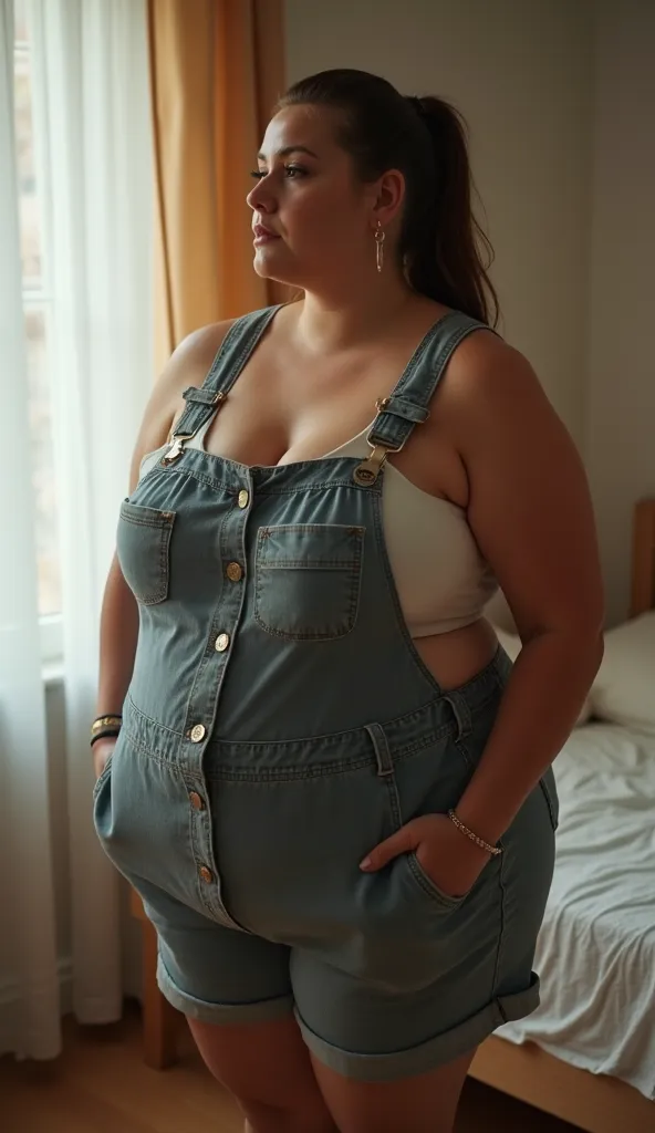 In room, high angle view, a massive ass pawg voluptous bbw 25-year old white european student with huge fat protruding bloated saggy belly standing near bed, brunette slickback ponytail, slight face wrinkles, hoop earings, wide body, large sized huge breas...