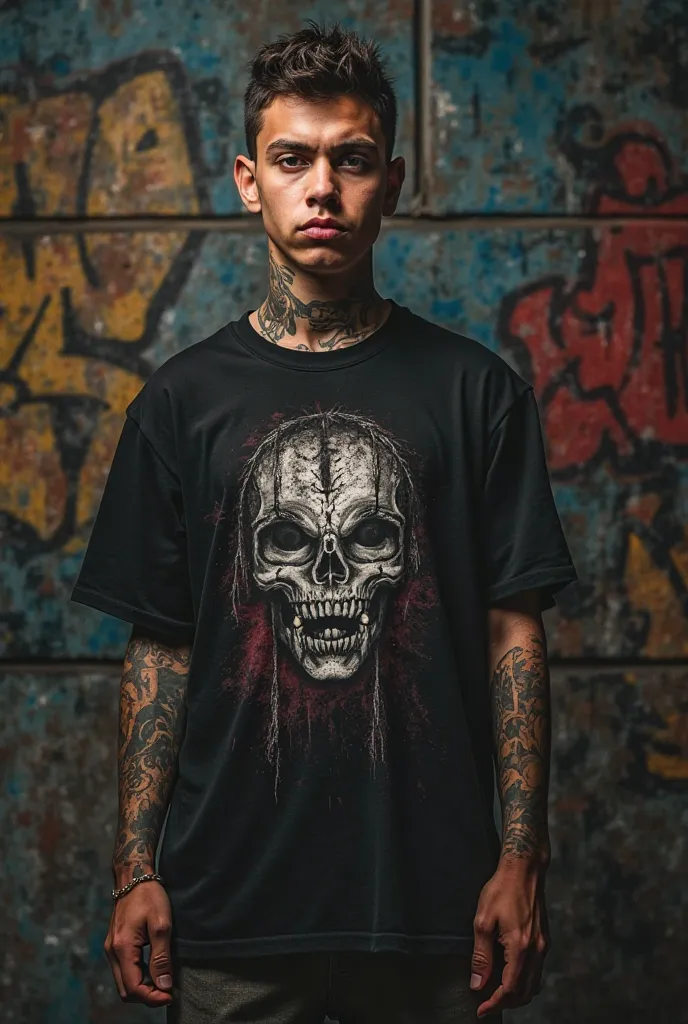 Gang boy, young man, full length portrait,  Serious Look T-Shirt, defiant expression, aggressive attitude, tatuajes, gang member clothing, urban background, callejón oscuro, graffiti, dramatic lighting, street art style, oil painting, 4k, ultra detailed,  ...