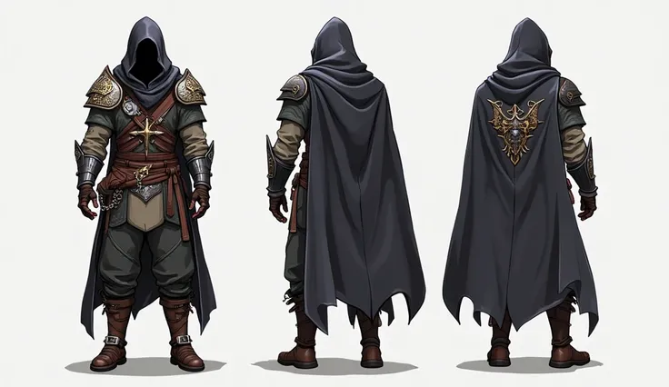 Create a stylized character sheet of a male warrior designed for a 3D game. The character should have a dark hood shadowing his face, underneath the cloak he has a light armor made of dark leather, in his left sholder he has 1 metal plate that is carved wi...