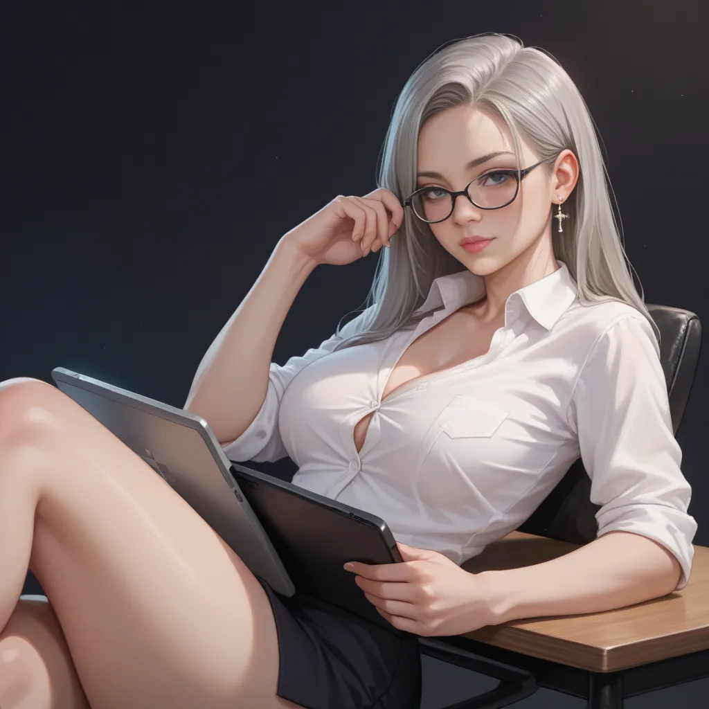 Realistic asian girl, have a long grey hair, dark grey eyes, The face looks blushing on her cheek, wear white shirt and sexy glasses, dark background, have a big chest, hold a tablet and pen, sit behind table, cross leg on chair, full body