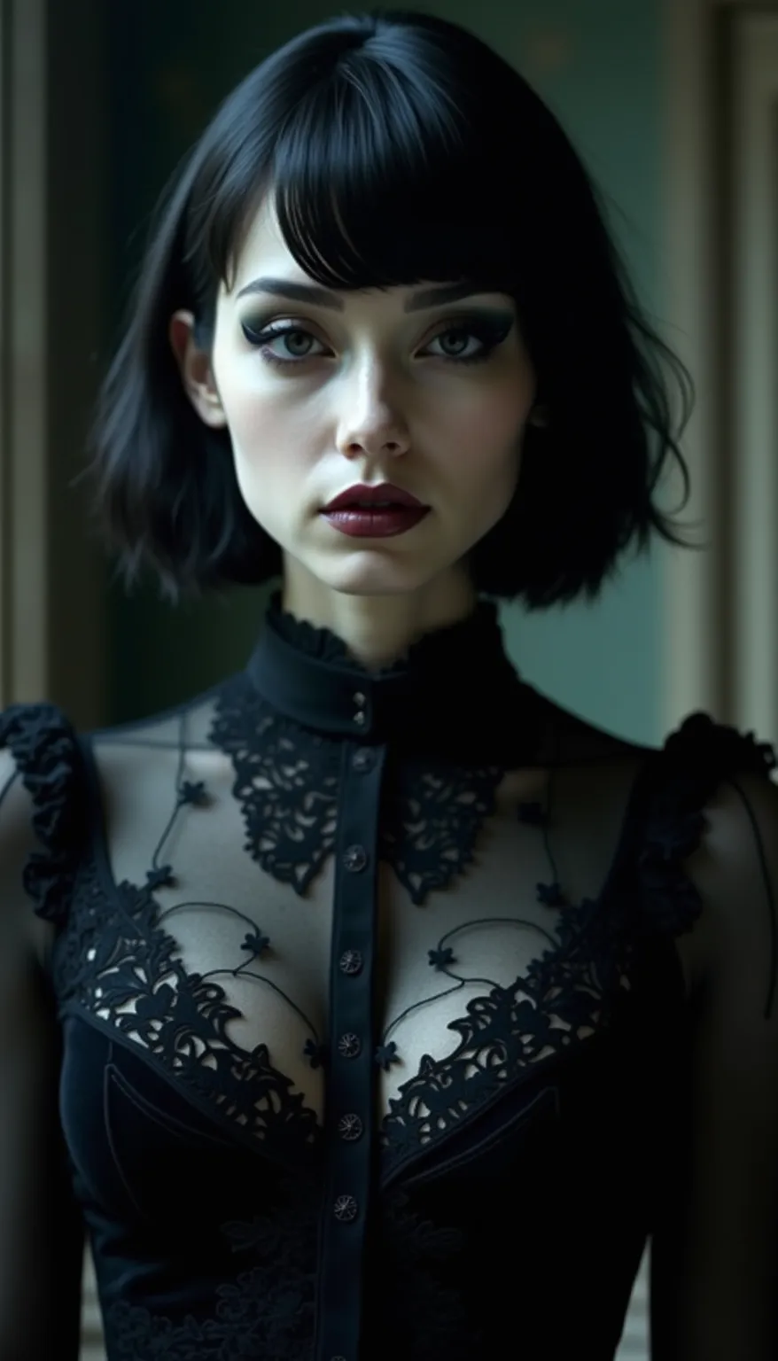 Very pretty woman,  short hair , gothic style 