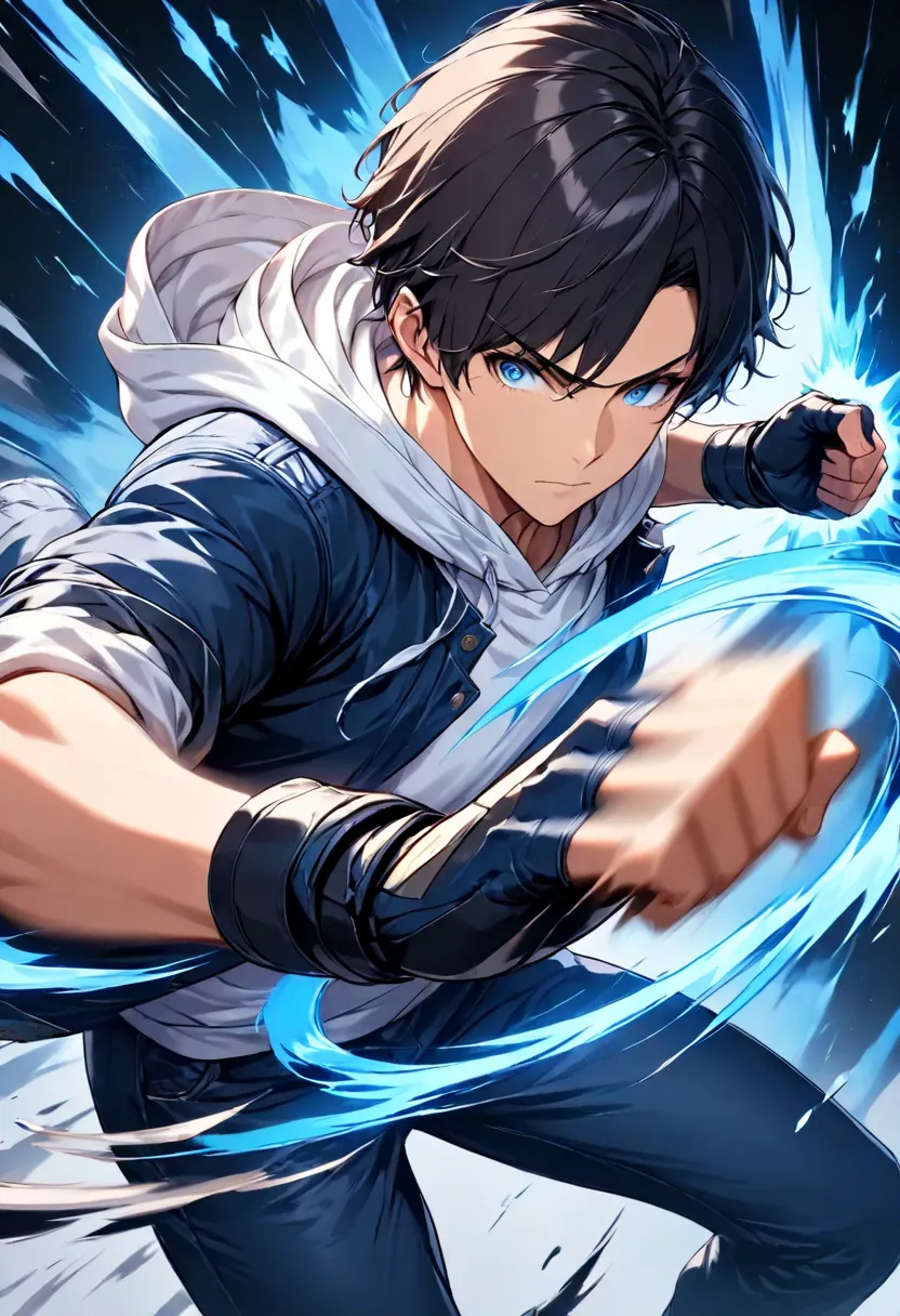 (masterpiece, best quality:1.2),  dark-haired young man" Asuka", 1 person, Alone, best quality, shape, very detailed,Expression of battle , High Resolution, 8k Wallpaper, Biologically accurate depiction, Clothes without waste: plain white hoodie,  dark blu...