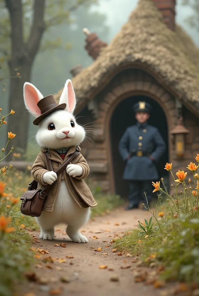 A white rabbit with a hat on its head and a bag on its back is heading towards a hut with a police officer on it.