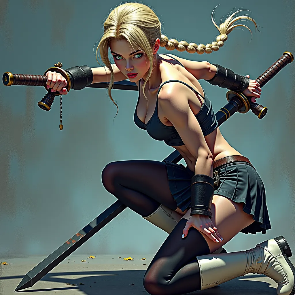 masterpiece, Best Quality, super rendering, super Realistic, High Detail Face, Clean and delicate face, whole body, Crouch and swing a long sword, grip the sword anatomically correctly, Single Braided blonde pony tail, parted bangs, forehead, wearing a cam...