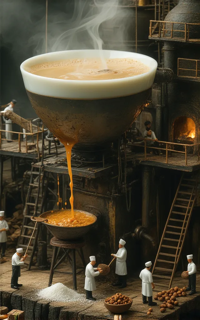 "A surreal and highly detailed miniature world where tiny chefs and workers prepare tea in a large industrial setup. A steaming hot cup of chai is being made like a construction project, with a giant strainer suspended by a crane, tea being poured like mol...