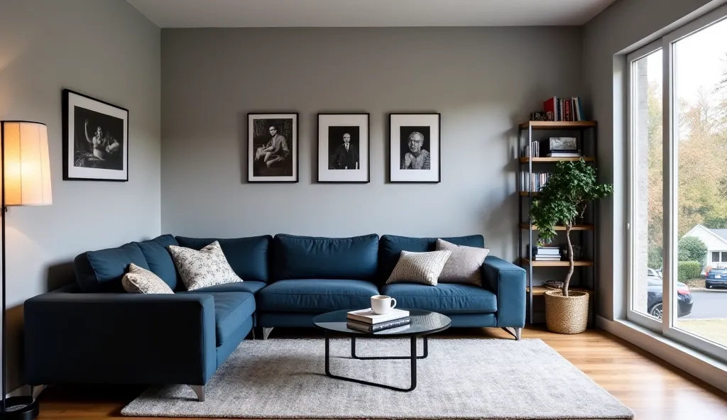 Create a cozy, modern living room with a sleek design. The walls are painted in a light gray, with a few framed black-and-white photographs hanging on the walls. There's a large, comfortable couch in the center, upholstered in dark blue fabric with throw p...