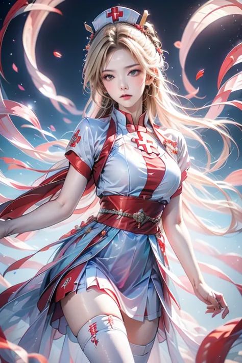 anime style Japanese beauty with long blond hair, wearing nurse-style clothes (white background with red edges, a red cross, short skirt in front and long in the back, white stockings, clothing material between transparent and opaque), blue eyes, using whi...