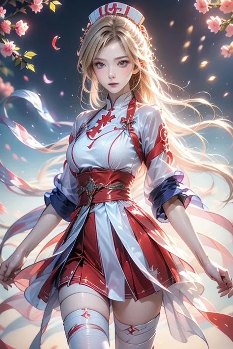 anime style Japanese beauty with long blond hair, wearing nurse-style clothes (white background with red edges, a red cross, short skirt in front and long in the back, white stockings, clothing material between transparent and opaque), blue eyes, using whi...