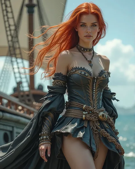 High quality, high definition photo of a very beautiful slender young sexy woman with long red hair in a pirate costume standing in front of a boat, as a medieval fantasy character, jewellers, full height, short skirt, karol bak uhd, still from a fantasy m...