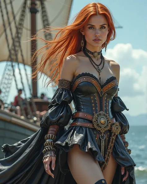 High quality, high definition photo of a very beautiful slender young sexy woman with long red hair in a pirate costume standing in front of a boat, as a medieval fantasy character, jewellers, full height, short skirt, karol bak uhd, still from a fantasy m...
