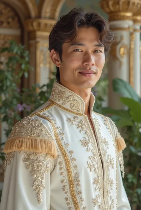 Take a picture of a handsome 25-year-old prince in a white dress with a smile on his face.