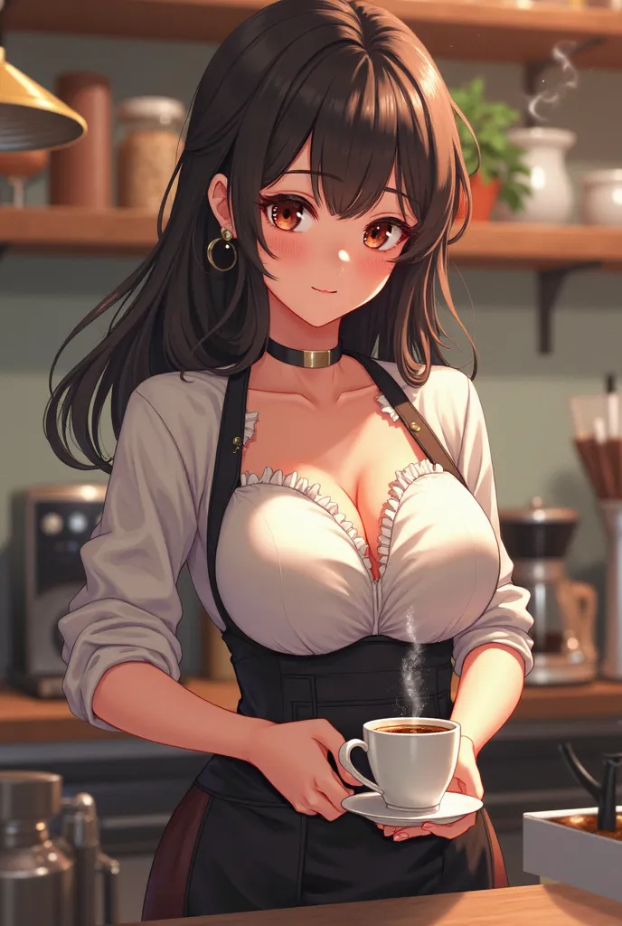 Anime girl work on coffe wait very big boob