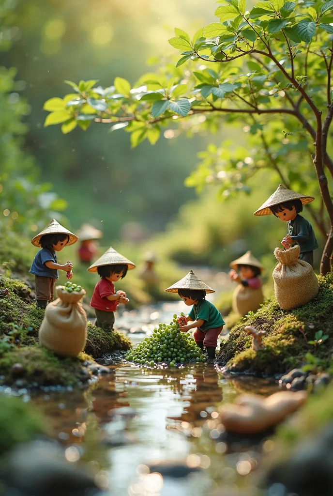 "A miniature scene in Tiny Figures style shows tiny characters collecting natural ingredients from a lush environment. Some figures are picking green tea leaves, others are gathering ginseng roots, while a few harvest grapes from trees. Small sacks filled ...