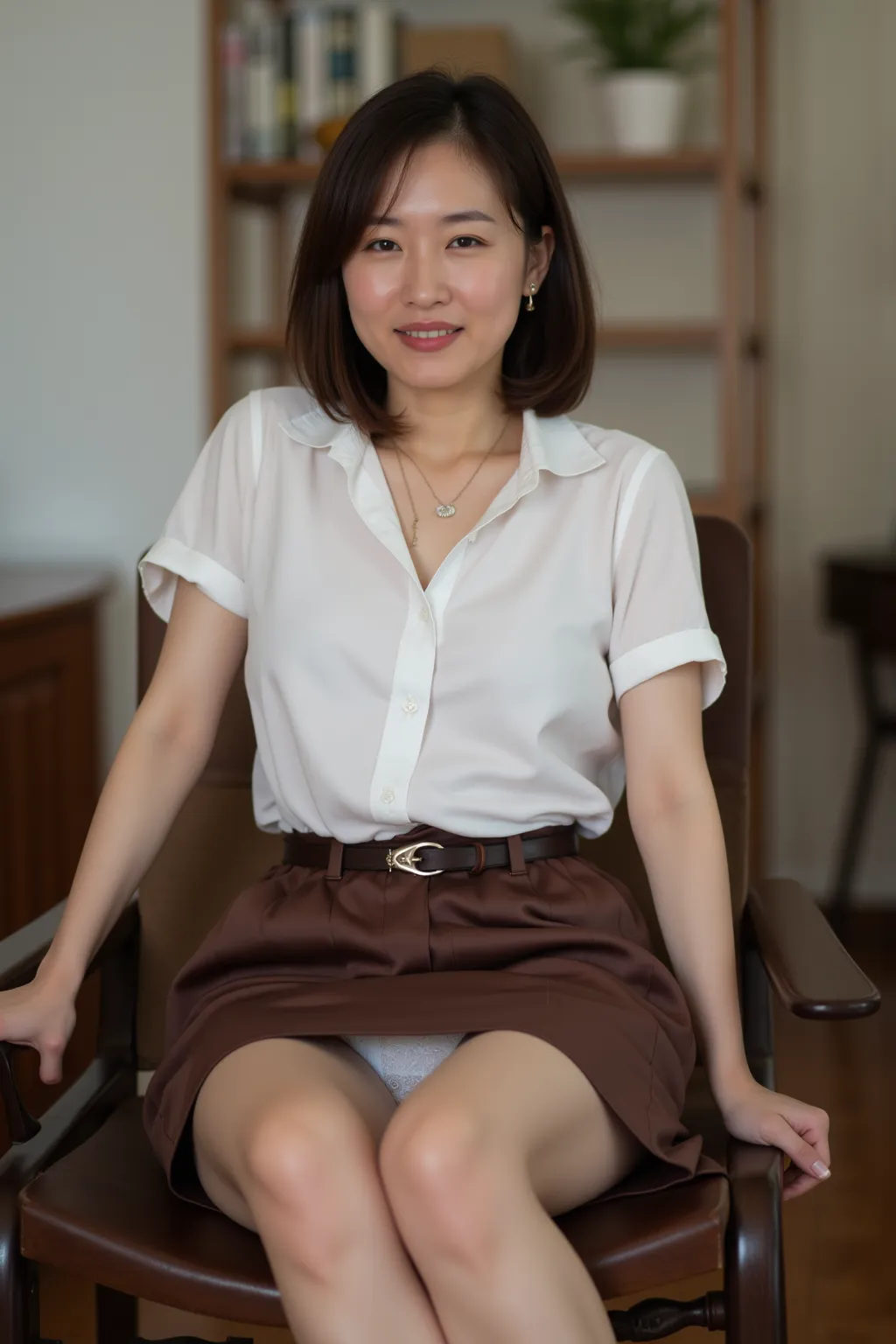 Full body photo of a graceful 40-year-old Japanese woman, 、(Facial wrinkles、 nasolabial fold:0.1)、Middle-aged appearance ,  front view、 sitting on a chair in the living room、The brown satin belted skirt is rolled up、( sleeping with both eyes closed :1.5)、W...