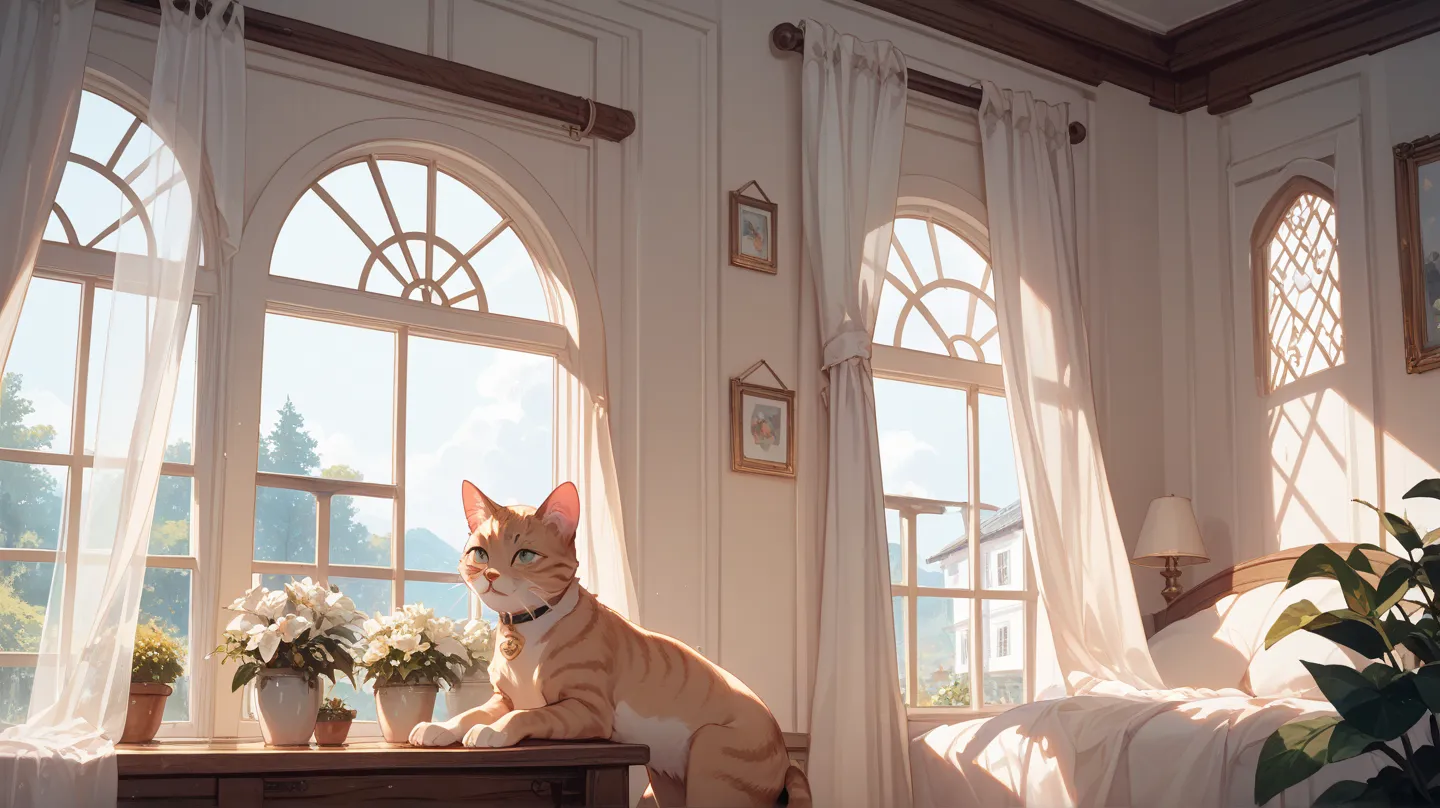 Cat illustration、is standing by the window of the white house、A soft wind is blowing、The thin curtains are hanging、evening