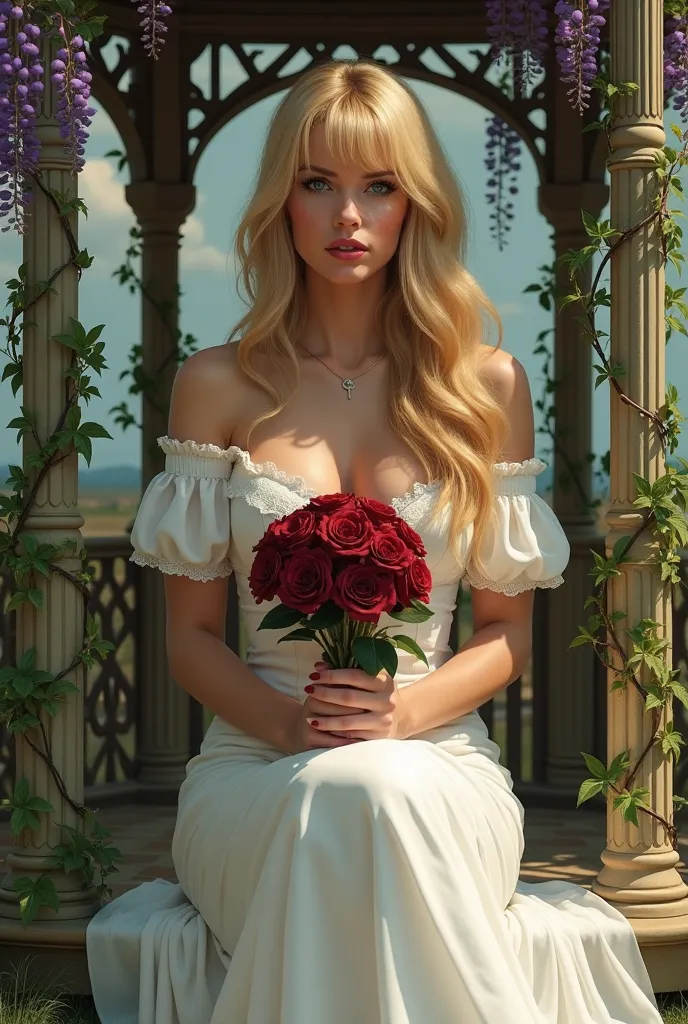 1 mature woman, Incredibly beautiful femme fatale, blonde with very long thick long luxurious golden hair, blue eyes, long bangs. blue eyes. She is wearing a long white vintage off-the-shoulder dress that perfectly matches her slender and beautiful figure,...