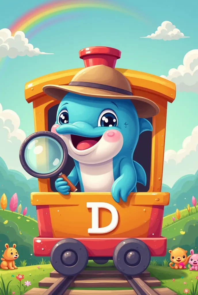 A cheerful and cute dolphin representing the letter D, wearing a detective hat and holding a magnifying glass, in a vibrant and whimsical cartoon style. The character is inside a colorful train compartment labeled 'D', with bright colors and playful detail...