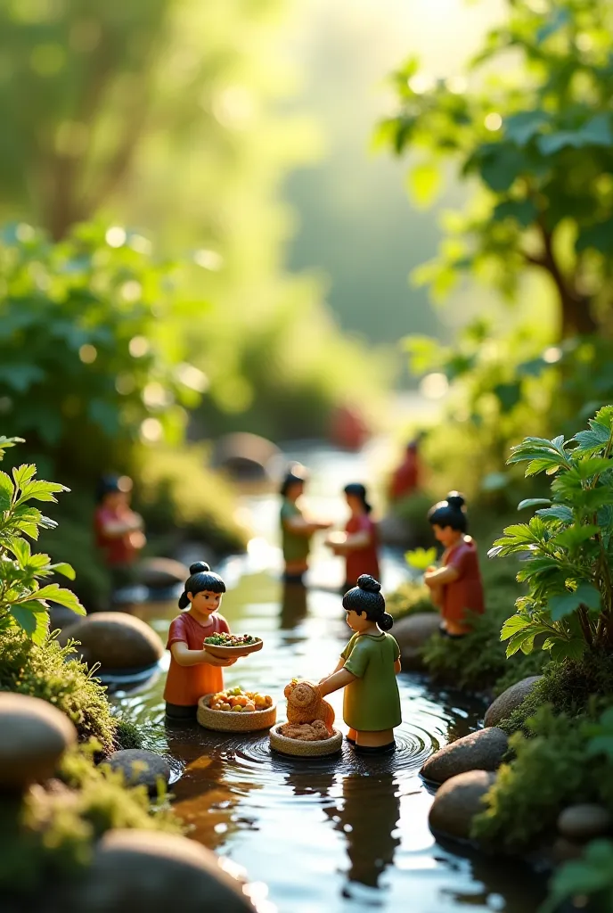 "A miniature scene in Tiny Figures style shows tiny ladies characters collecting natural ingredients from a lush environment. Some figures are picking green tea leaves, others are gathering ginseng roots, while a few harvest grapes from trees. Small sacks ...