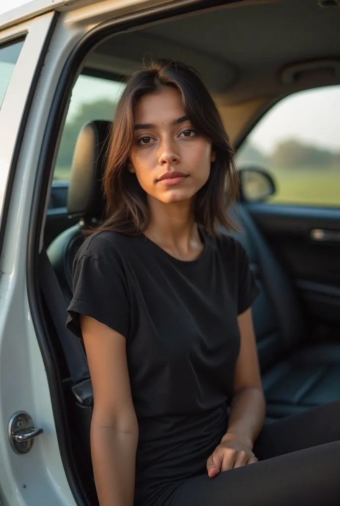 Beautiful Indian girl in her mid twenties sitting in a car on the drivers seat. The car is a small hatchback. She is not wearing any makeup or jewelry. She is wearing a tight black t-shirt and leggings. She is extremely fair and charming. Her face is chubb...