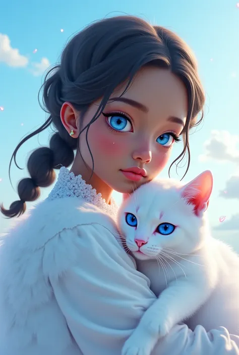 White girl in African braids with white cat sky blue eyes anime style 