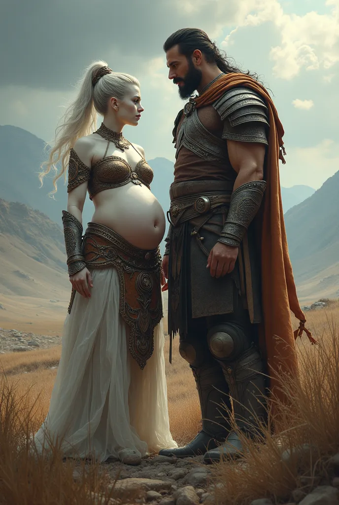 White skin pregnant lady warrior and her husband in war