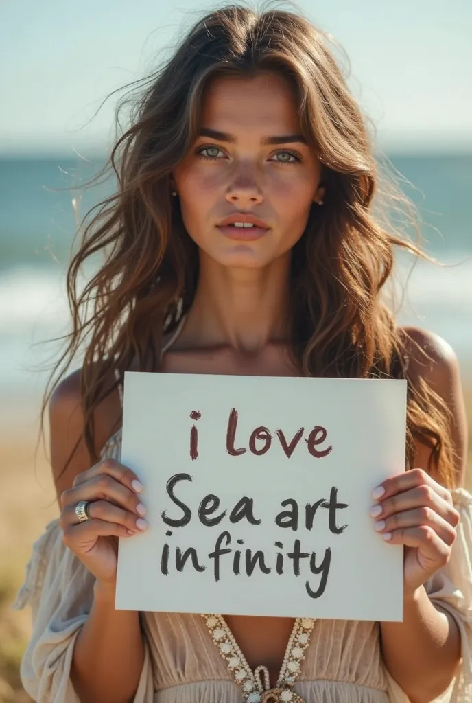 Beautiful girl with wavy long hair, bohemian dress, holding a white board with text "I Love Seaart Infinity" and showing it to the viewer