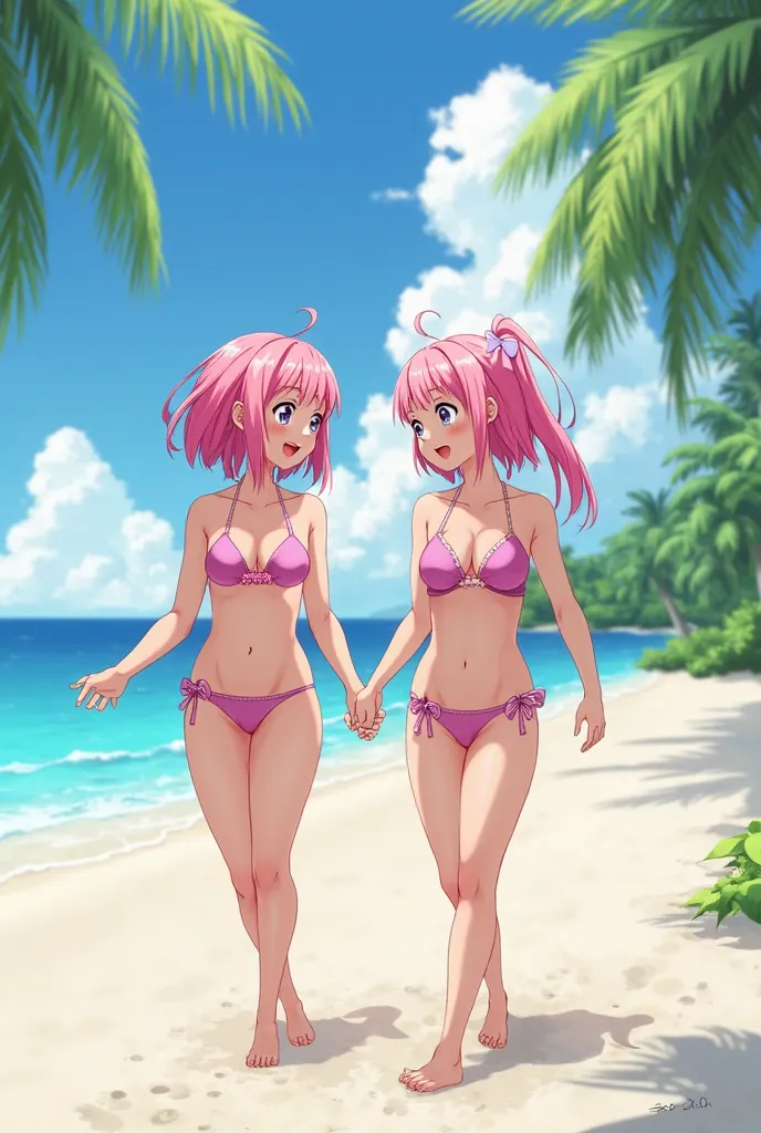 two girls dressed in pink two-piece swimsuits walking on the beach in anime style, one of the girls put her hand under the other girl's swimsuit, the second one looked surprisingly at the first.