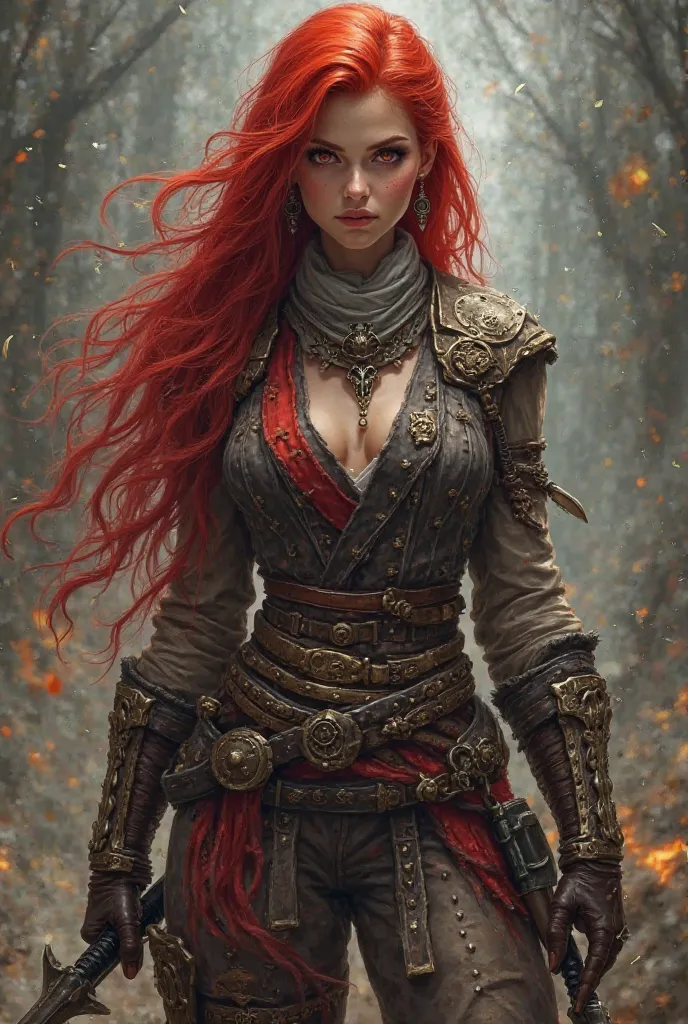 Create a female character whose long hair is red.
She's wearing adventurous clothes.
She has fiery red eyes and wears adventurous, sexy yet formal clothing with a scarf..
He is imposing and wields two swords similar to Kratos' Blades of Chaos.