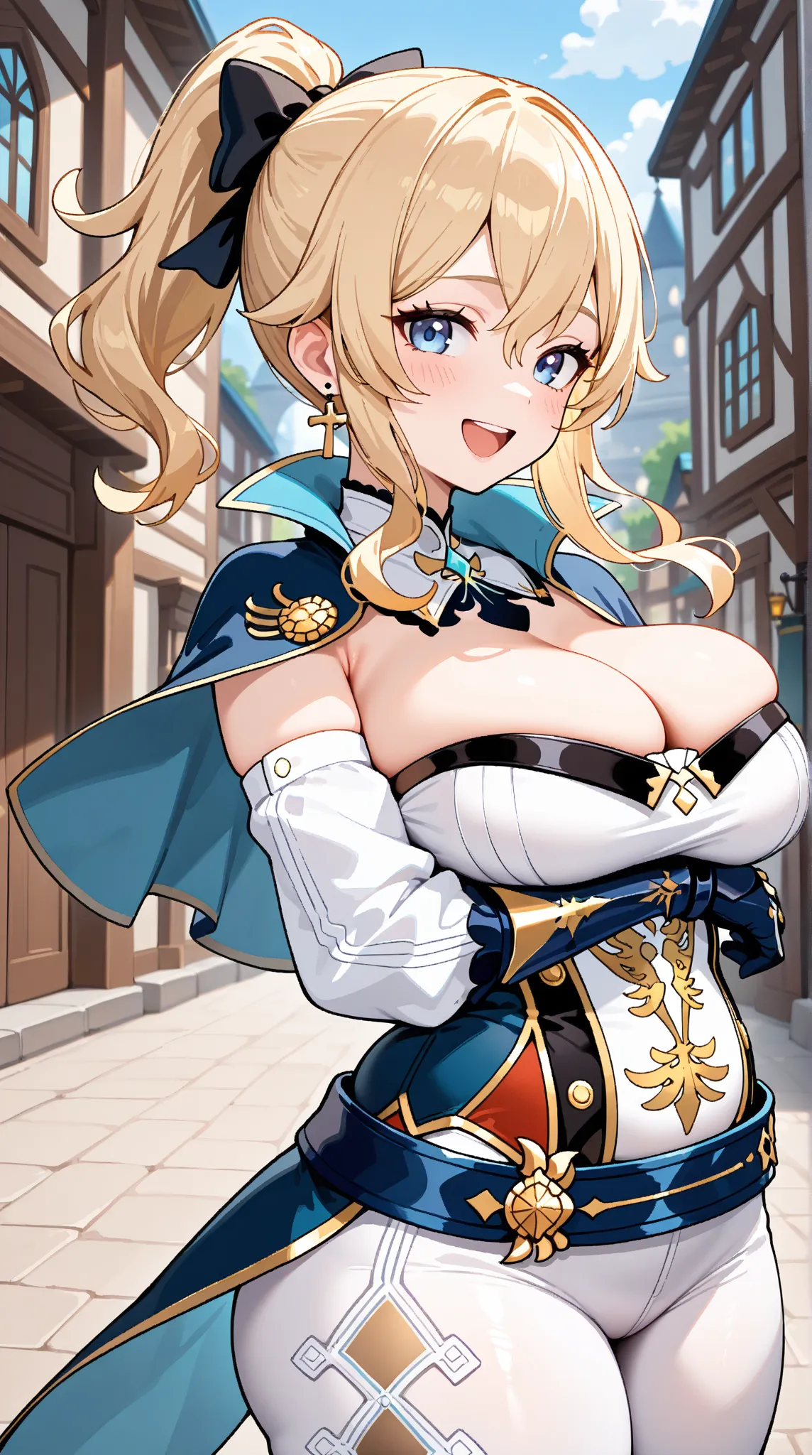   jean (genshin impact), 1girl, solo, looking at viewers, long hair, blue eyes, blonde hair, gloves, jewelry, large breasts, thick thighs, ponytail, hair bow, detached sleeves, belt, strapless,cowboy shots, capelet, corset, white pants, tight clothes, cros...