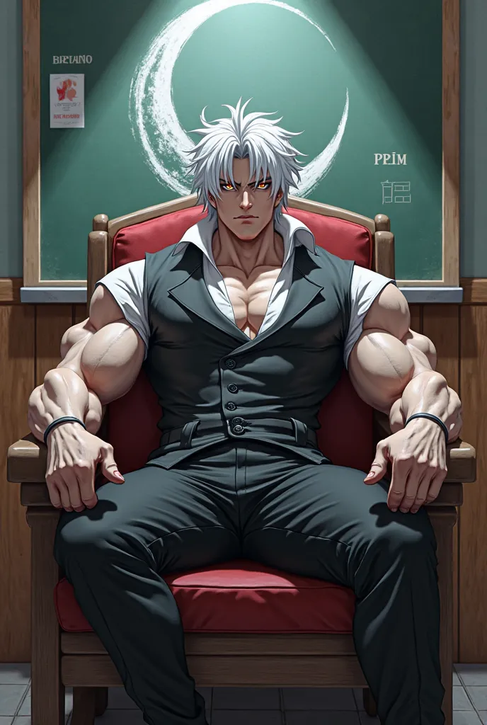 Make a 3d anime hot man with white hair wearing a black white school uniform seating on chair with bulky muscle, with name " primo " on unifirm, with crescent moon drawing on board behind