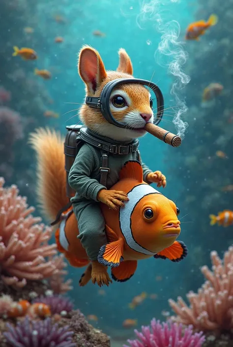 Create a picture of a squirrel wearing a diving suit while riding on a clownfish. Meanwhile, the squirrel is smoking a cigar 