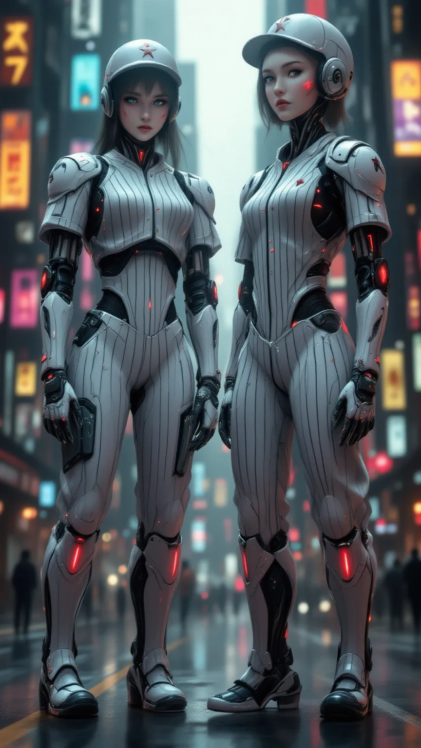 “Two twin human-like baseball robots with AI, standing in a cyberpunk city background, staring expressionlessly at the viewer. Only the one on the right has a red star on her cheek. Their suits are white with black pinstripes, and red accents are incorpora...